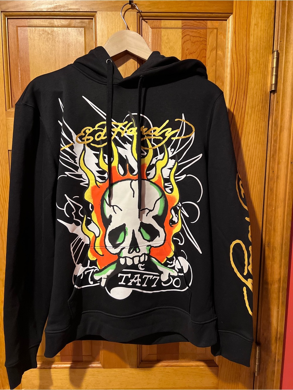 Ed Hardy Black Hoodie with Flaming Skull Graphic